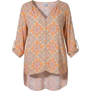 XL Women‎ Stylus Orange Turquoise Floral Dandelion Burst 3/4 Sleeve Blouse Top